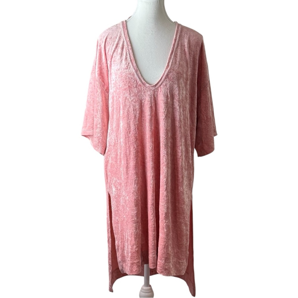 We The Free Pink Crushed Velvet Tunic Dress Oversized Boho V Neck Side Slit S - Picture 3 of 9